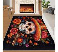 SANSJI Tapis de tête de mort en sucre 60 x 90 pouces, tapis à fleurs colorées pour entrée, tapis de cuisine du jour des morts, antidérapant, lavable, squelette mexicain,