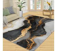 SANSJI Tapis décoratif en marbre noir et blanc, tapis antidérapant pour salon, tapis lavable pour chambre à coucher, tapis antidérapant à poils courts et facile d'entretien, motif vague dorée de luxe