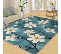 SANSJI Tapis décoratif floral pour salon, chambre à coucher, tapis d'intérieur antidérapant et à poils ras lavables, motif marguerites blanches, cadeaux rustiques, bleu sarcelle, 150 x 180 cm