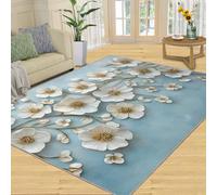 SANSJI Tapis d'intérieur 3D à motif floral blanc pour salon, chambre à coucher, antidérapant, bleu
