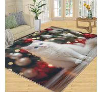 SANSJI Tapis d'intérieur avec motif chat mignon pour chambre à coucher, salon, tapis de Noël lavable, antidérapant et à poils ras - Blanc