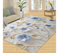 SANSJI Tapis floral 3D pour chambre à coucher - Motif feuilles dorées - Lavable - Antidérapant et à poils courts - Bleu - 180 x 200 cm
