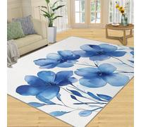 SANSJI Tapis floral bleu pour chambre à coucher - Tapis bleu aquarelle pour salon, tapis d'intérieur nordique lavable, antidérapant et à poils courts pour décoration d'intérieur, 180 x 200 cm