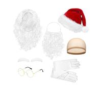 Santa Beard and Wig Ensemble - 7 pièces Accessoires de costumes de Noël avec barbe, perruque, sourcils, chapeau, verres, gants, filet de cheveux | Tenue adulte du Père Noël pour les fêtes, le cosplay