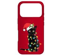 Santa Black Cat Tangled Up in Christmas Tree Lights Coque pour iPhone 17 Pro