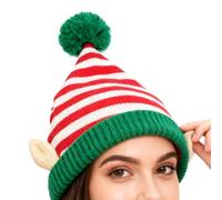 Santa Claus Hat - Knitted Festive Striped Headwear With Ear | Christmas Dwarf Hat Adults For Fun Outdoor Cosplay Party Holiday Family Gathering Festival Event Home Celebration
