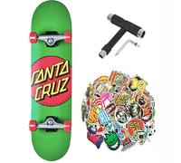 Santa Cruz Skateboard professionnel complet dot niveau avancé unisexe adulte avec outil de réglage et 50 autocollants (dot green tools et sticks, 7.8)
