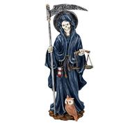 Santa Muerte Figurine avec balance bleue 26,5 cm | Grim Reaper Faucheuse Fantasy Décoration Hibou Faux Sablier