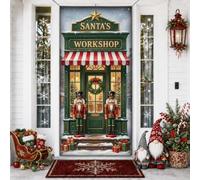 Santa Workshop Housse de porte Motif casse-noisette 91,4 x 183 cm | Thème de l'atelier du Père Noël, bannière de porche, auvent rayé, couronne de vacances, scène de neige d'hiver