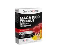 SANTAROME Maca 1500 Tribulus Ginseng Gingembre - Libido - 20 Ampoules | Maca 1500 mg, Tribulus, Ginseng, Gingembre + Bourgeons - Stimule le désir et le tonus sexuel - 1/jour - Vegan - France