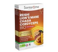 SANTAROME Reishi Lion's Mane Chaga Cordyceps Bio + D3-10 Ampoules | Synergie de 4 champignons Bio adaptogènes - Vitamine D3 qui soutient l'immunité - Enrichi en Gelée royale - Fait en France
