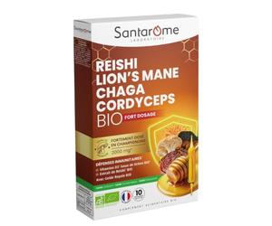 SANTAROME Reishi Lion's Mane Chaga Cordyceps Bio + D3-10 Ampoules | Synergie de 4 champignons Bio adaptogènes - Vitamine D3 qui soutient l'immunité - Enrichi en Gelée royale - Fait en France