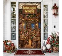 Santa's Magical Workshop Scene Elfes Housses de porte de Noël 91,4 x 182,9 | Thème du pôle Nord, panneau de porte d'entrée, scène de fabrication de jouets, esthétique d'atelier, décoration saisonnière