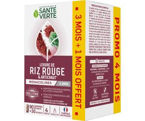 Santé Verte Levure De Riz Rouge 3 Mois + 1 Mois Offert 120 Comprimés