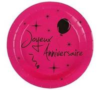 SANTEX 4794-15, Sachet de 10 assiettes Joyeux Anniversaire Fuchsia (décos noires) noires G