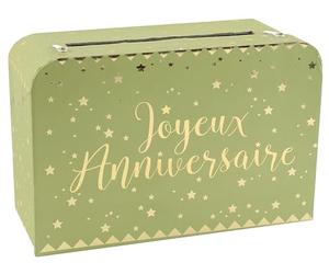 SANTEX 5671-103, Petite Tirelire Valise Joyeux Anniversaire métallisée Vert Sauge/Or