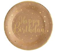 SANTEX 6745-26, Sachet de 10 Assiettes Happy Birthday métal, Kraft/Or