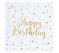 SANTEX 6747-1, Sachet de 20 petites serviettes Happy Birthday métal, Blanc/Or