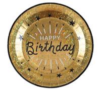 SANTEX 7213-3, Sachet de 10 Assiettes HAPPY BIRTHDAY Etincelant métal, Or