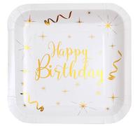 SANTEX 7215-3, Sachet 10 Assiettes carrées HAPPY BIRTHDAY, Blanc/Or