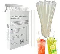 SantiCleana 100 Pailles Biodégradables, Individuellement Emballées, 21 cm, de -10℃ à 85℃, à Base de Plantes, Droites, Blanches, Compostables, Sans BPA