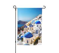Santorin Drapeau de jardin résistant à la décoloration avec vue sur l'île grecque - Pour toutes les saisons - Décoration extérieure pour porches