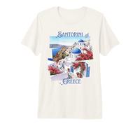 Santorin Grèce Vue panoramique Fleurs vibrantes Souvenir de Voyage T-Shirt Haut de Gamme