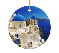 Santorini Arbre de Noël en céramique à suspendre avec vue sur la mer sur l'île grecque - Décoration de fête de Noël ronde avec corde dorée