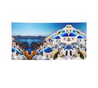 Santorini Bannière de fête imprimée île grecque avec vue sur la mer, bannière pour tous les événements, drapeaux lumineux pour anniversaire, Thanksgiving et plus encore