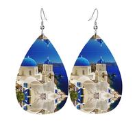 Santorini Boucles d'oreilles pendantes en cuir avec vue sur la mer Motif île grecque - Bijoux légers en forme de larme, accessoire de Saint-Valentin, taille unique, Cuir