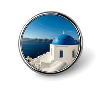 Santorini Broche ronde en métal avec vue sur la mer sur l'île grecque pour vêtements, sacs, chapeaux, décorations de fête, accessoires pour homme et femme