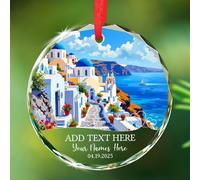Santorini Décoration de Noël 2025 Motif paysage de la Grèce personnalisé, décoration souvenir de l'île de Santorin, décoration souvenir de l'île de Santorin, décoration de paysage grec 2025, noms et