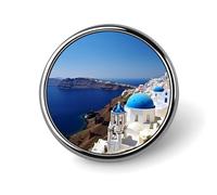 Santorini Épinglette ronde en métal avec vue sur la mer sur l'île grecque pour femme, broche mignonne rétro pour sac, chapeau, sac à dos, cravate, costume, accessoire de fête de mariage, circulaire