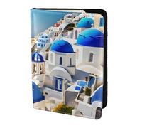 Santorini Étui de passeport en cuir avec imprimé île grecque et vue sur la mer pour homme et femme, noir, One Size
