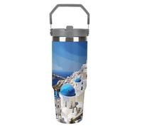 Santorini - Gobelet de 887 ml avec paille - Tasse de voyage isotherme en acier inoxydable avec poignée - Tasse à café à double paroi sous vide - Couvercle anti-fuite, garde les boissons chaudes