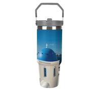 Santorini - Gobelet de 887 ml avec paille - Tasse de voyage isotherme en acier inoxydable avec poignée - Tasse à café à double paroi sous vide - Couvercle anti-fuite, garde les boissons chaudes