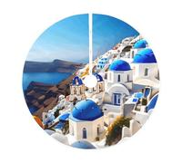 Santorini Jupe de sapin de Noël matelassée colorée avec vue sur la mer et motif île grecque, parfaite pour les petits et grands arbres