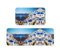 Santorini - Lot de 2 tapis de sol confortables - Motif île grecque - Vue sur la mer - Pour la cuisine et la cuisine