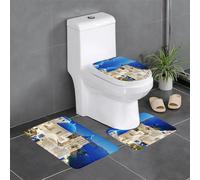Santorini Lot de 3 tapis de bain antidérapants en flanelle lavable et absorbant avec tapis de toilette Motif île grecque et vue sur la mer
