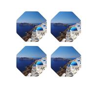 Santorini Lot de 4 dessous de verre antidérapants en cuir résistant à la chaleur pour protection de table Motif île grecque avec vue sur la mer Octogone