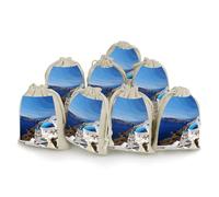 Santorini Lot de 8 sacs en toile de jute avec cordon de serrage Motif île grecque et vue sur la mer