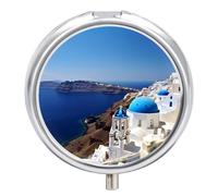Santorini Pilulier à 3 compartiments avec vue sur la mer sur l'île grecque pour sac à main ou poche Mini pilulier en métal pour médicaments quotidiens pour contenir des vitamines, de l'huile de