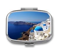 Santorini Pilulier portable à 2 compartiments avec vue sur la mer sur l'île grecque - Organiseur de voyage pour sac à main - Boîte à vitamines, huile de poisson