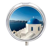 Santorini Pilulier rond portable à 3 compartiments avec vue sur la mer sur l'île grecque pour poche, sac à main, récipient à médicaments quotidien pour contenir des vitamines, de l'huile de poisson,