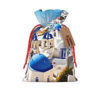 Santorini Sac cadeau polyvalent réutilisable avec cordon de serrage Motif île grecque vue sur la mer