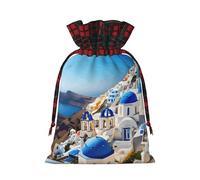 Santorini Sac cadeau réutilisable avec cordon de serrage Motif île grecque vue sur la mer