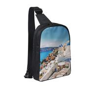 Santorini Sac de poitrine imprimé île grecque avec vue sur la mer pour homme et femme, sac à dos à bandoulière imperméable pour coureur, entraînement, randonnée, cyclisme, voyage, Noir , Taille
