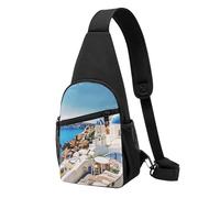 Santorini Sac de poitrine imprimé île grecque avec vue sur la mer pour homme et femme - Sac banane d'extérieur pour randonnée, sport, Noir , Taille unique, Sac à dos décontracté