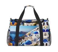 Santorini Sac de sport avec impression île grecque avec vue sur la mer, noir, One Size