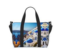 Santorini Sac de voyage pour femme Motif île grecque avec vue sur la mer Grand sac fourre-tout de week-end, sac d'entraînement de gym, sac d'hôpital pour maman, noir, One Size